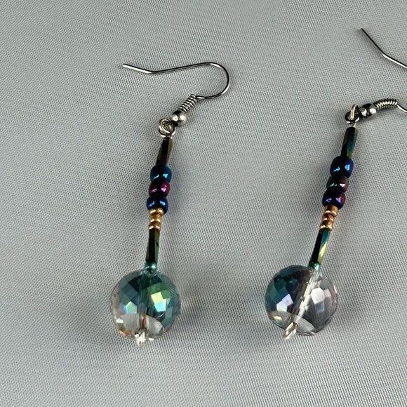Iridescent Beaded Drop Earrings Handmade - Picture 2 of 8